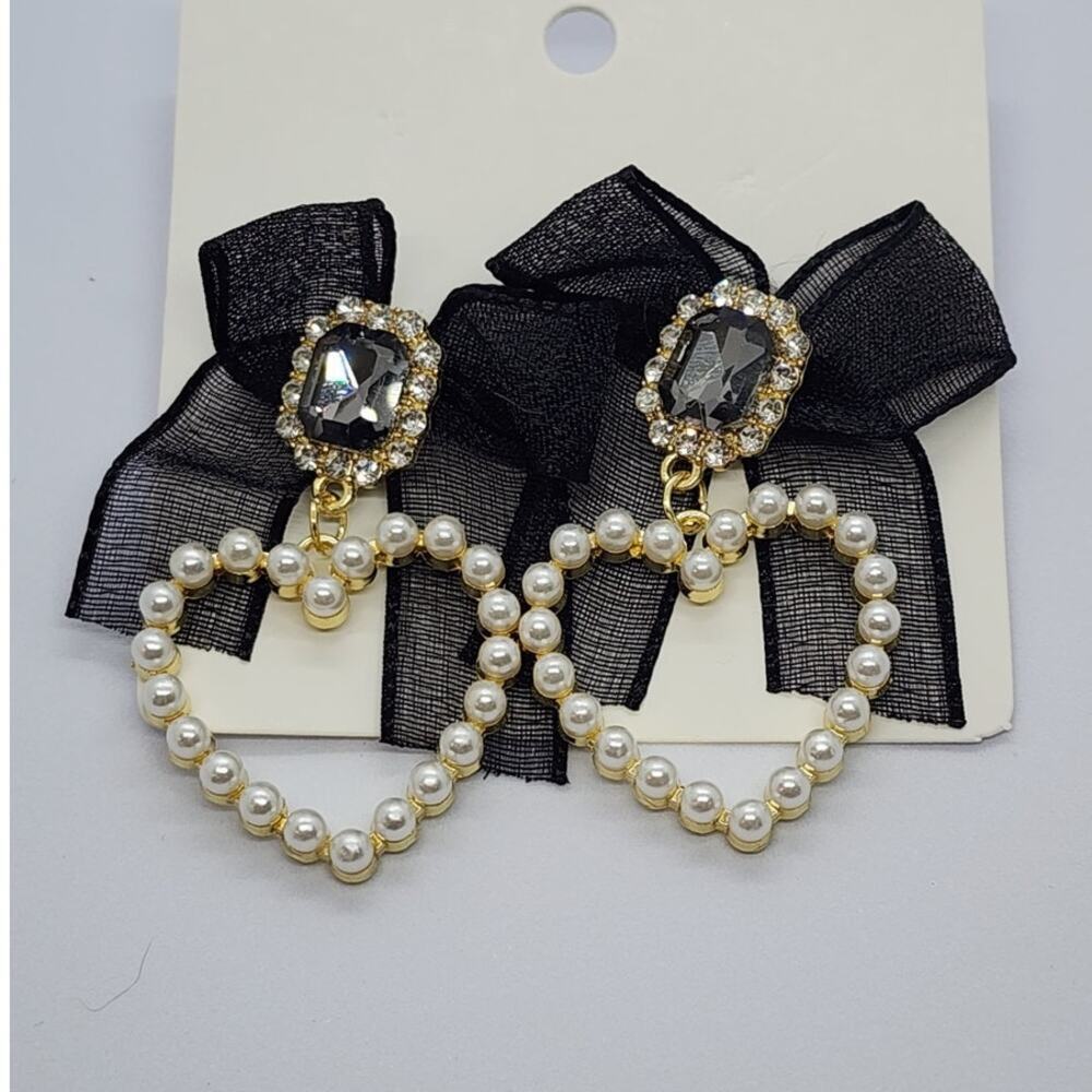 Faux Pearl Heart Black Bowknot Faux Jewel Charm Drop Earrings